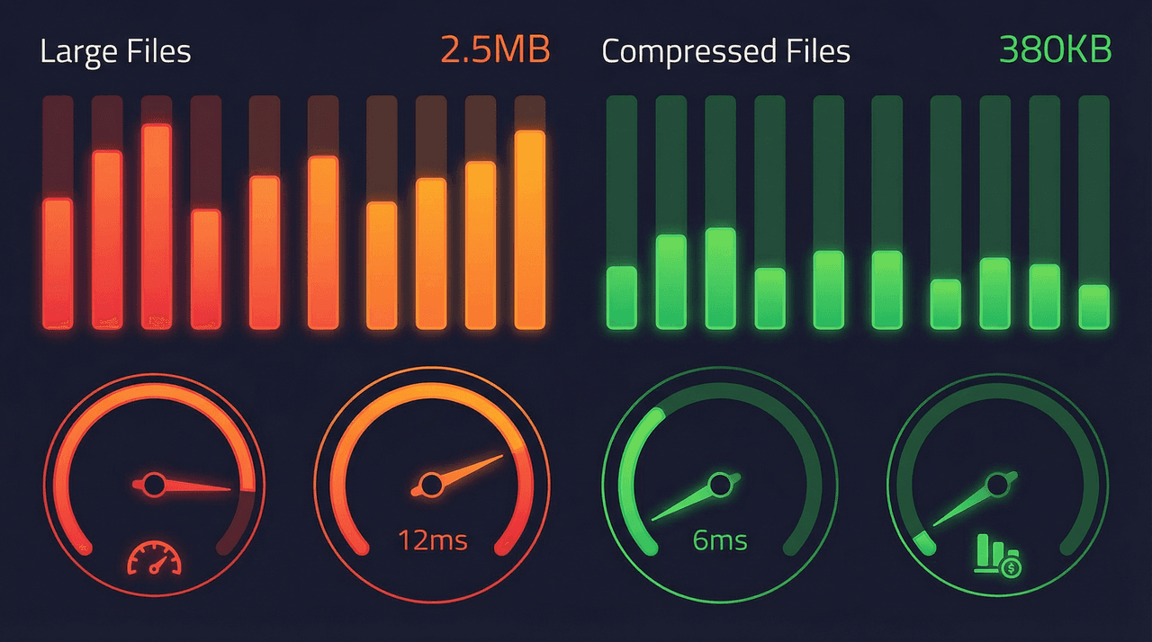 Dashboard showing file size and loading time comparison before and after compression