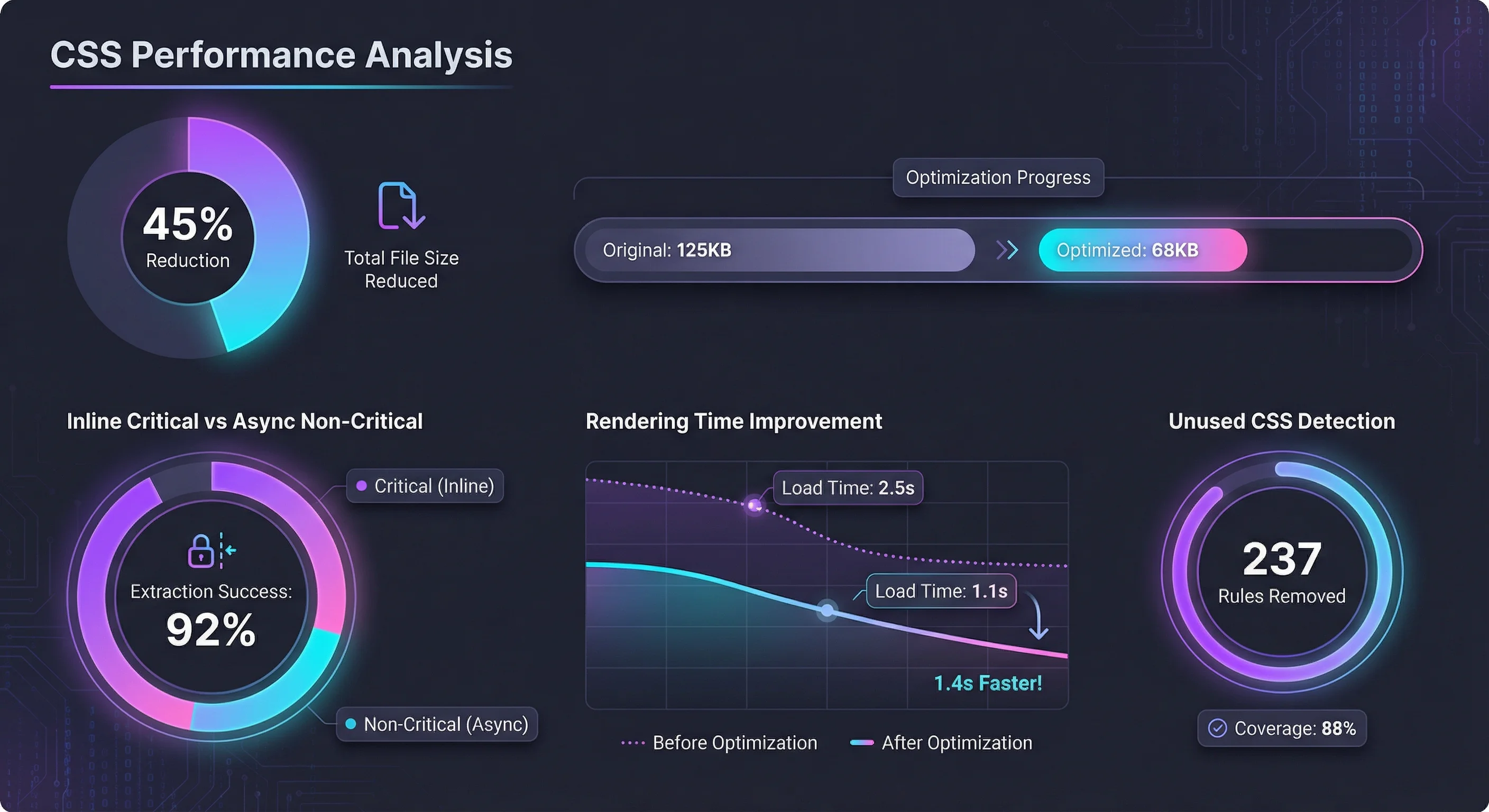 CSS performance analysis dashboard showing optimization metrics and file size reduction