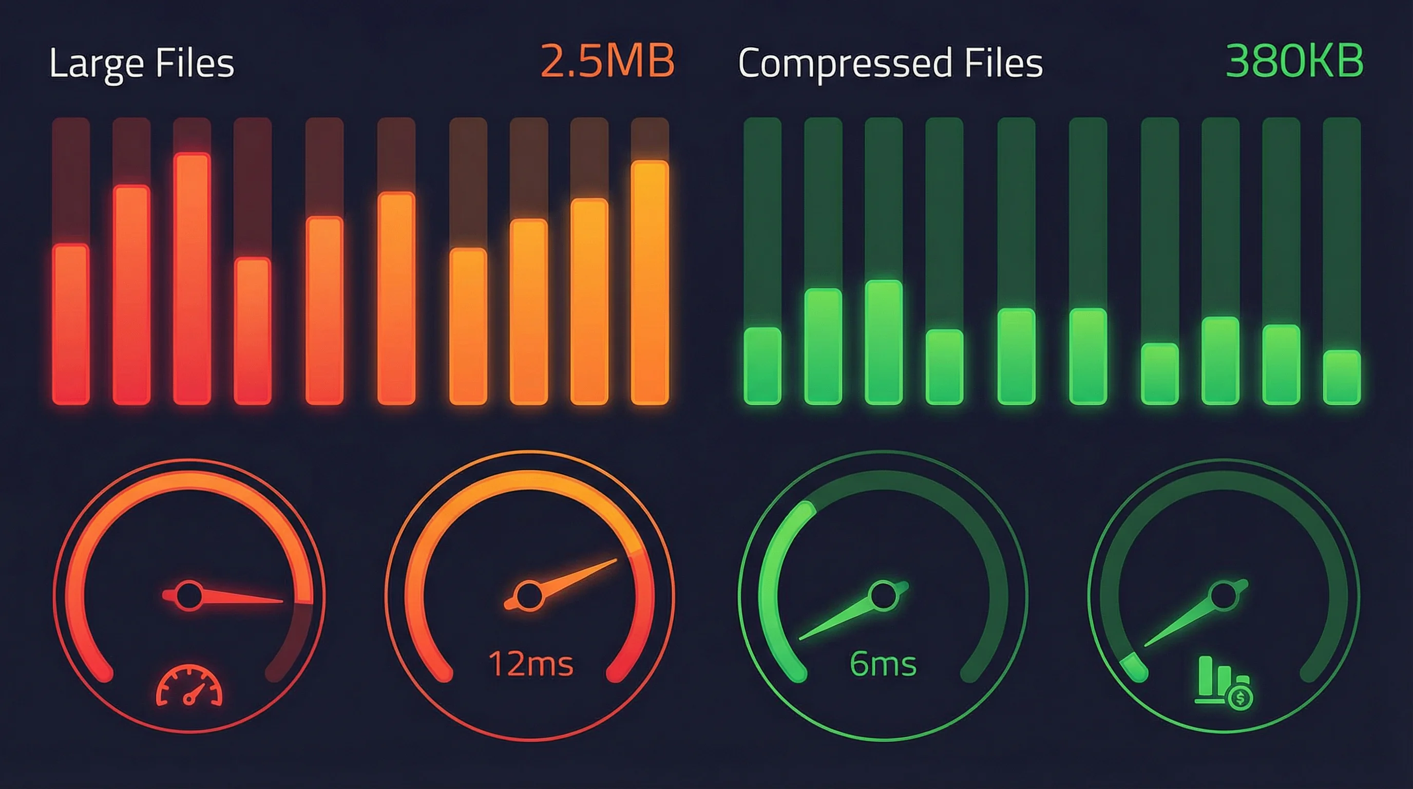 Tableau de bord comparant taille de fichiers et temps de chargement avant et après compression
