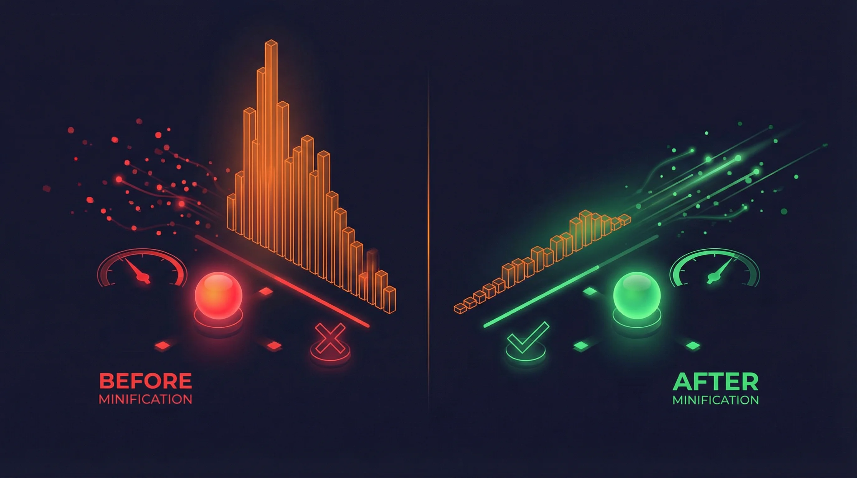 Performance dashboard showing before/after JavaScript minification metrics