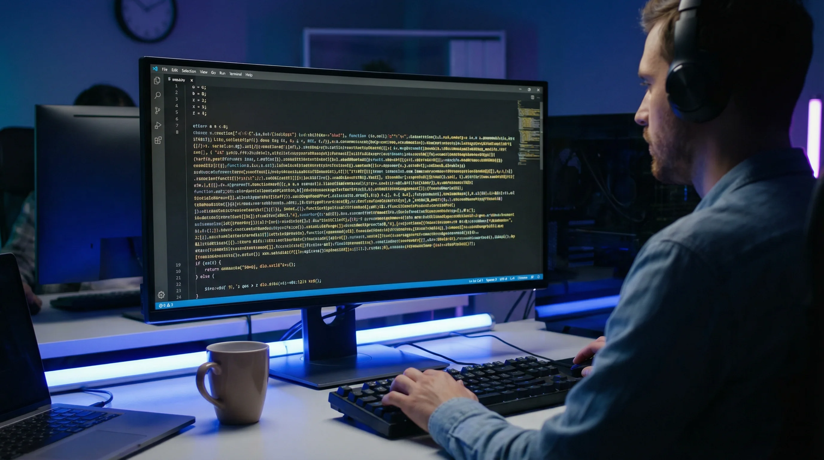Developer analyzing minified JavaScript code on screen