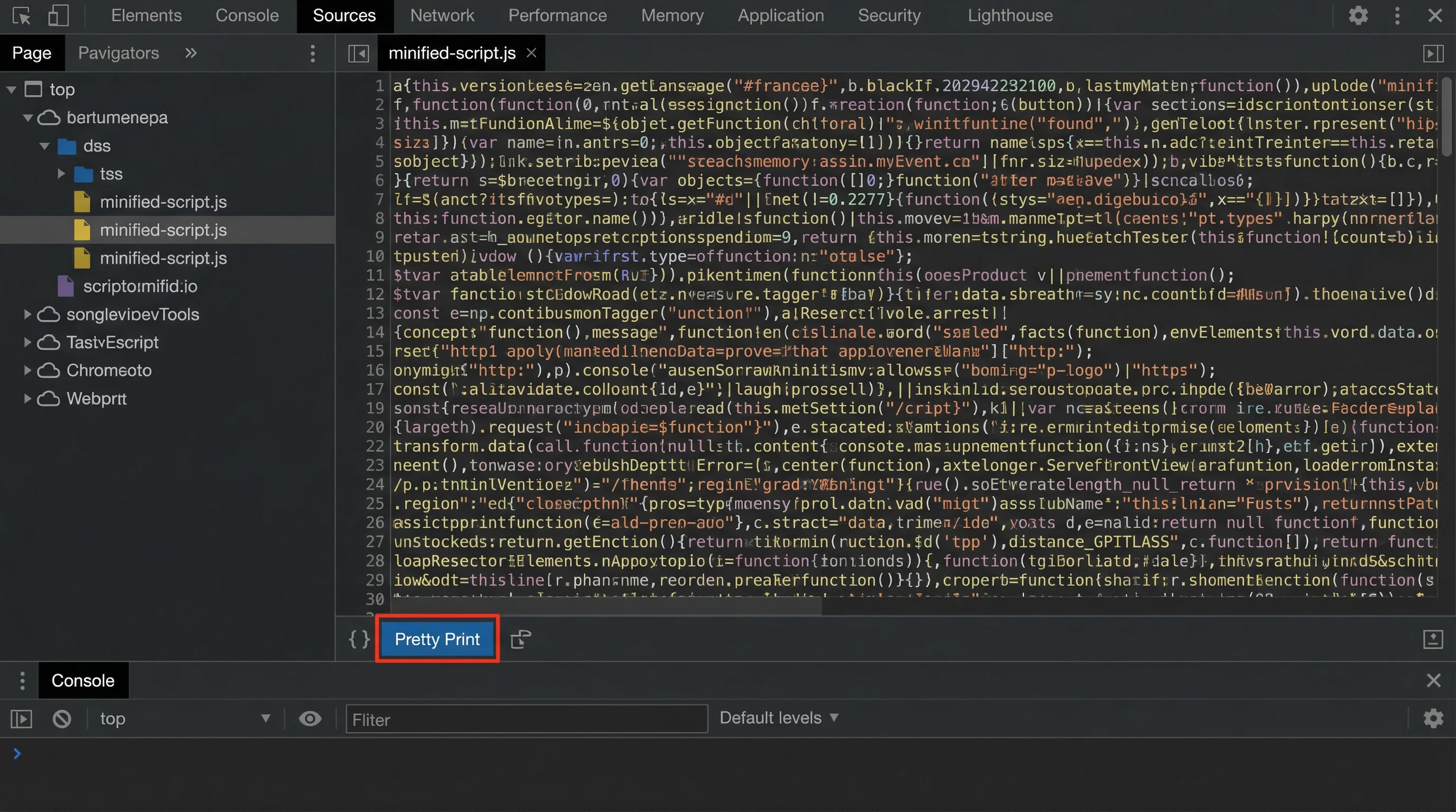 Chrome DevTools Sources panel with Pretty Print button highlighted