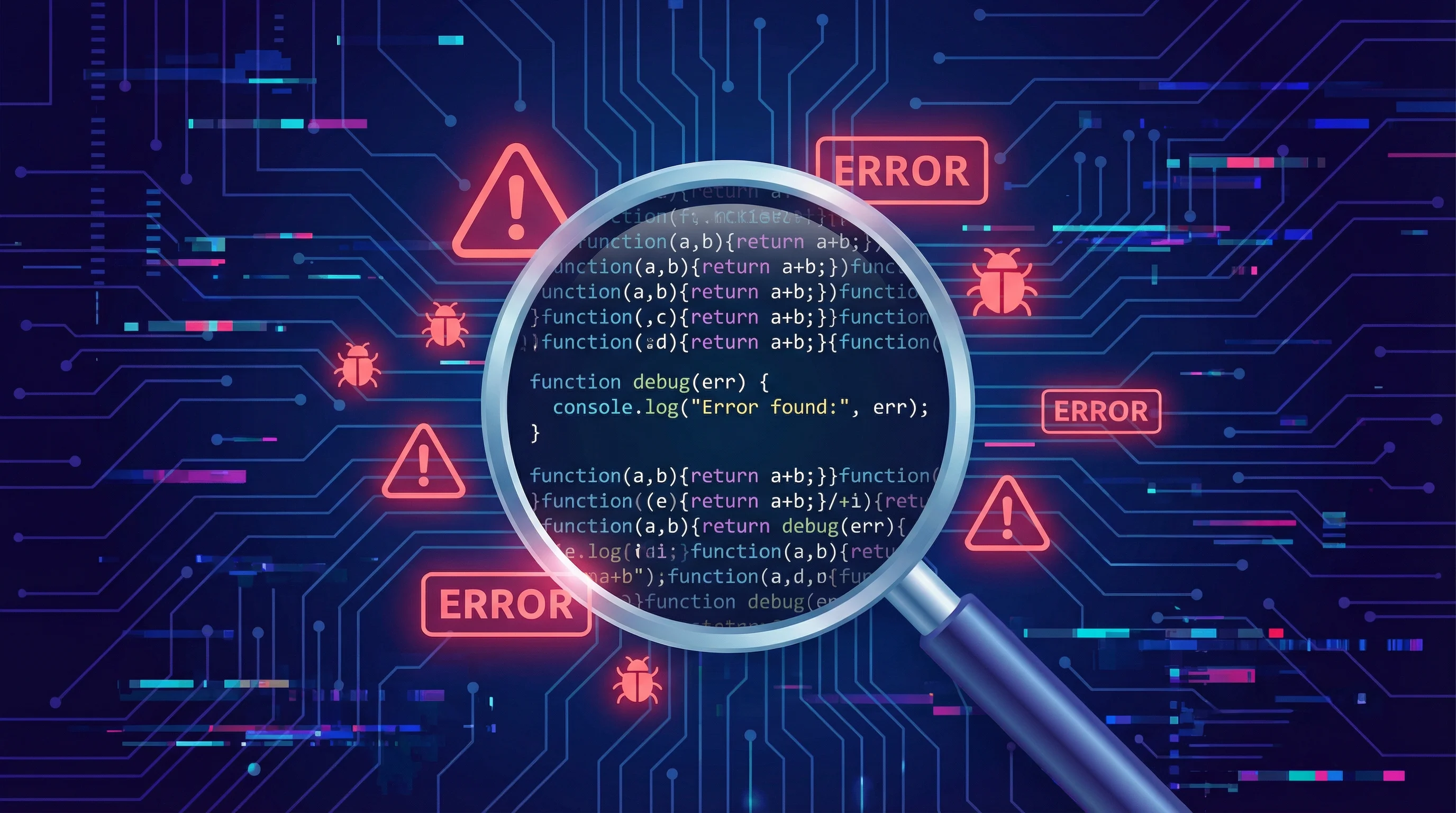 Visualization of debugging minified JavaScript code with magnifying glass revealing errors