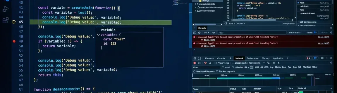 Entwicklerarbeitsbereich mit Chrome DevTools, der Debugging-Techniken für JavaScript zeigt