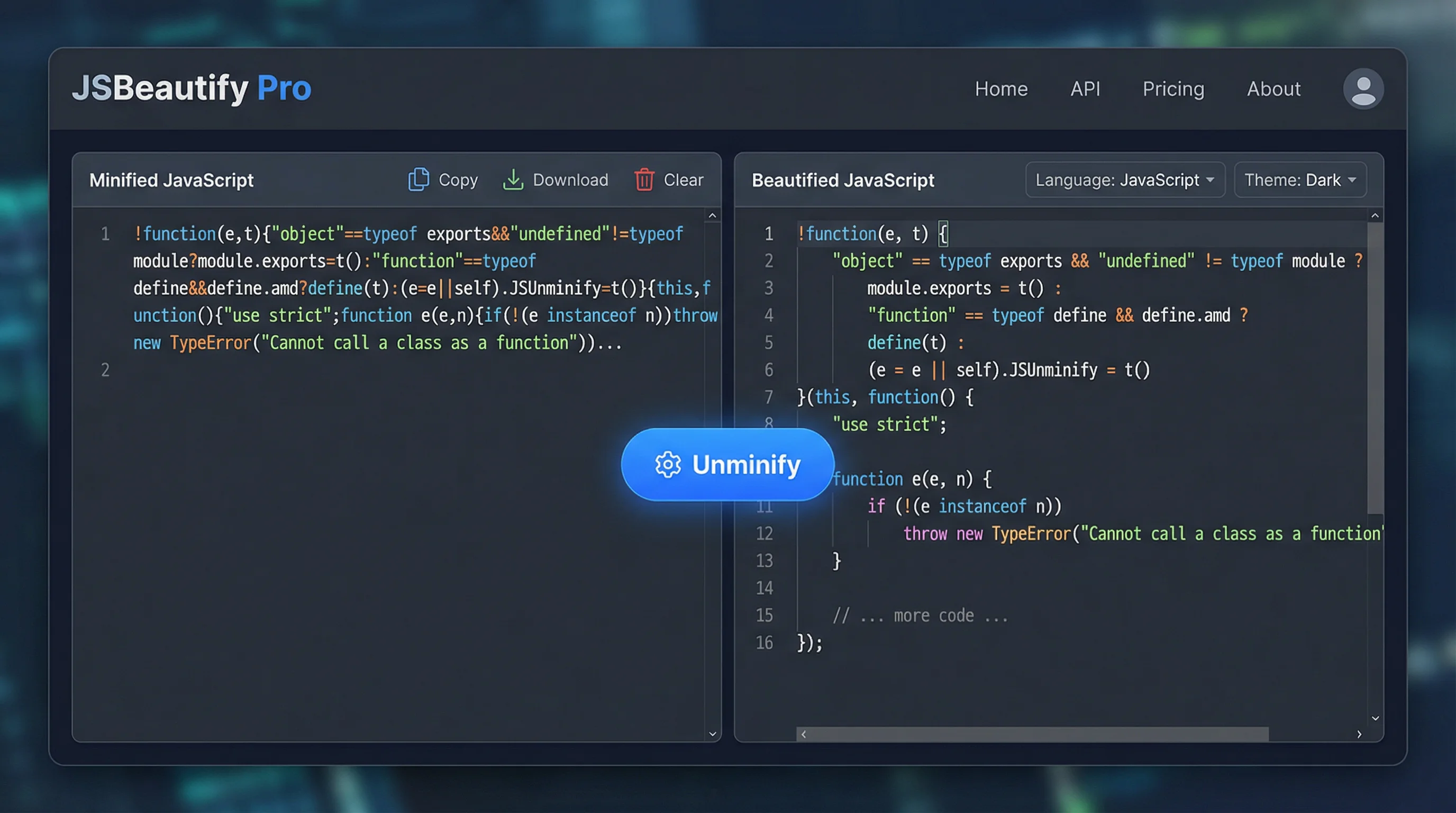 JavaScript unminification tool interface showing minified and beautified code
