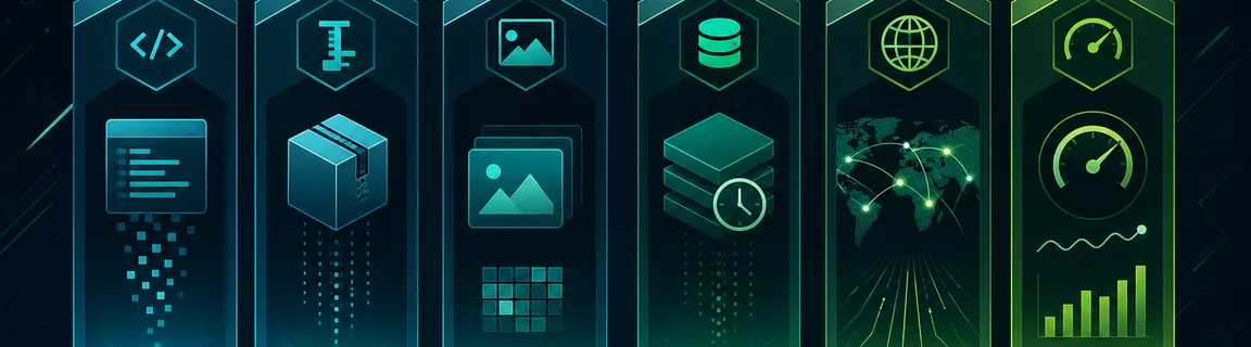 Infographic of the six web performance pillars: minification, compression, images, caching, network, and Core Web Vitals
