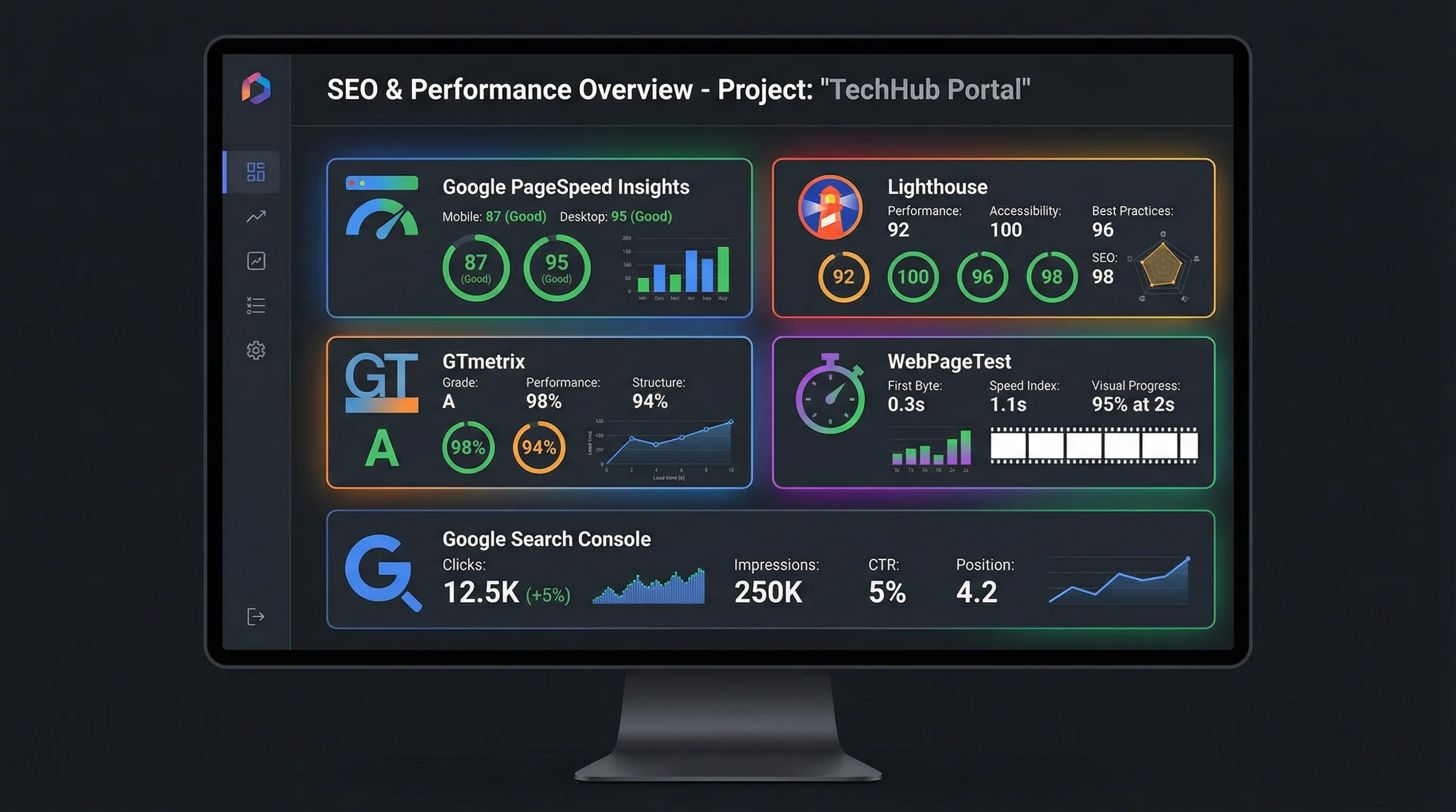 Dashboard showing PageSpeed Insights, Lighthouse, GTmetrix and Search Console metrics